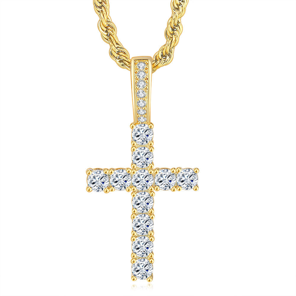 Hip Hop Cross Copper With 4mm Zirconia 14K Golden Plated Pendant Necklace