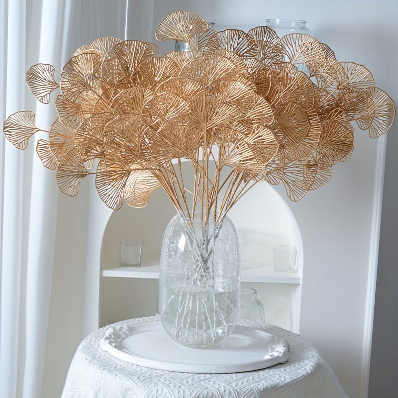 5pcs Golden Artificial Ginkgo Leaves Stems - Realistic Fake Plant Leaf Simulation for Vase Filler, Home Garden Wedding Decor, Winter Xmas Christmas Home Table Decor, Spring Chinese New Year Decor, DIY Craft Project, and Seaso