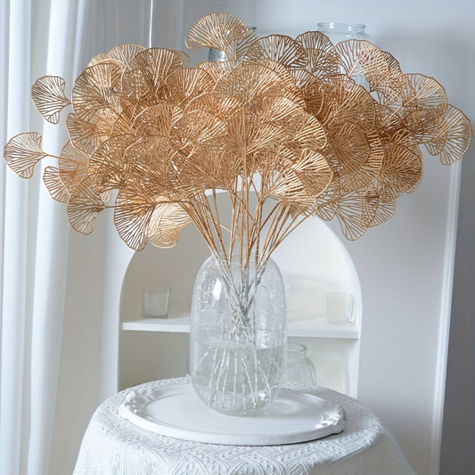 5pcs Golden Artificial Ginkgo Leaves Stems - Realistic Fake Plant Leaf Simulation for Vase Filler, Home Garden Wedding Decor, Winter Xmas Christmas Home Table Decor, Spring Chinese New Year Decor, DIY Craft Project, and Seaso