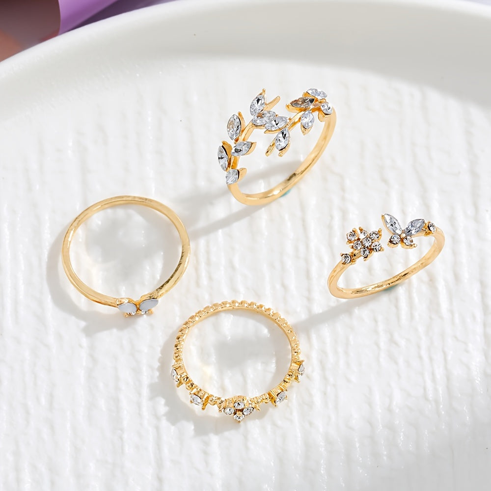 4pcs Stylish Stacking Rings Sparkling Leaf/ Butterfly/ Flower Design Inlaid Gemstone Match Daily Outfits Party Accessories