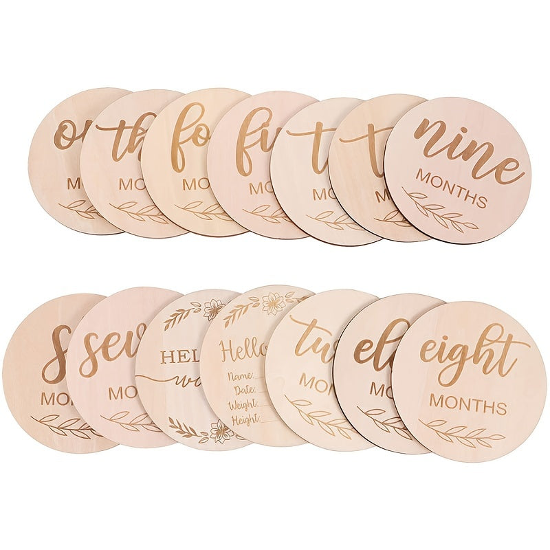 14pcs Wooden Baby Monthly Milestone Cards - Document Your Little One's Growth With Light Wood Photo Discs, Halloween, Thanksgiving And Christmas Gift