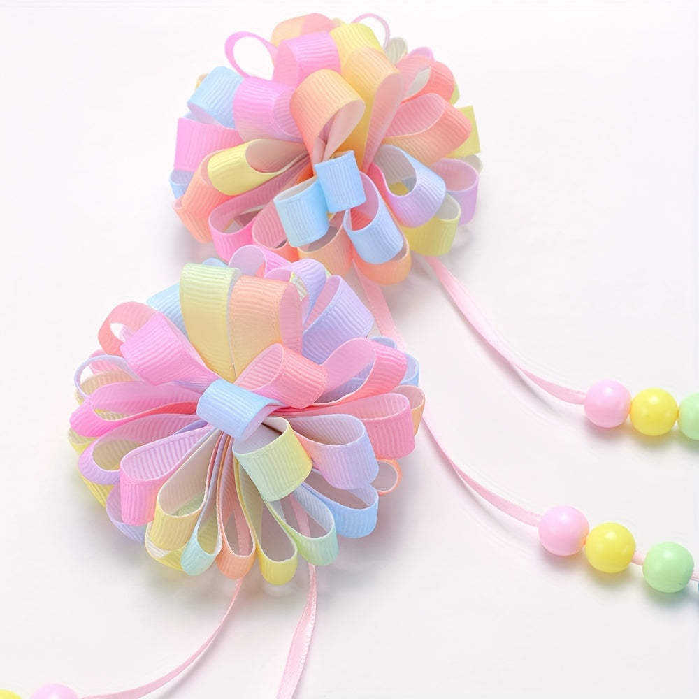 2pcs Adorable Rainbow Hydrangea Floral Hair Clips for Little Girls - Vibrant Grosgrain Ribbon with Tassels, Perfect for Birthday Parties & Celebrations, Flower Girl Hair Accessories