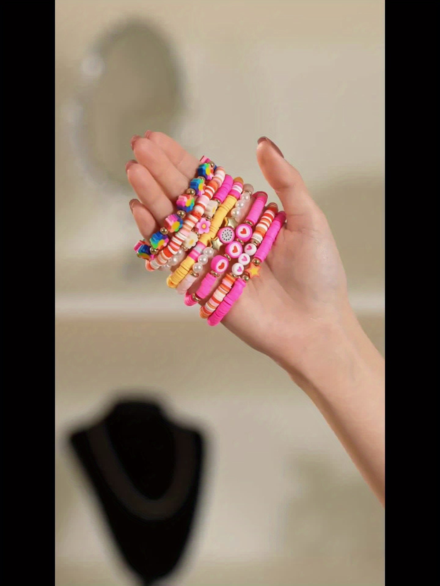 [Sweet Cute Bracelet Set] 8pcs Sweet Cute Pink Soft Clay Bracelet Set | Dragon Fruit Flower Heart Element for Women - Perfect for Valentine's Day and Music Festivals
