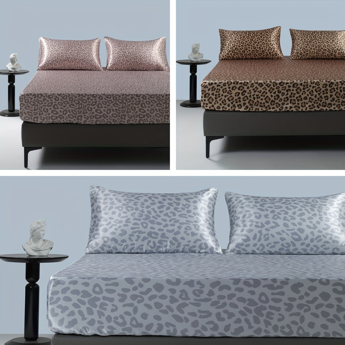 3pcs Luxurious Leopard Print Satin Sheet Set - Soft, Breathable, and Hypoallergenic for Comfortable Sleeping in Home, Dorm, and Guest Room - Includes 1 Mat and 2 Pillowcases, Easy Care and Machine Washable (Core Not Included)