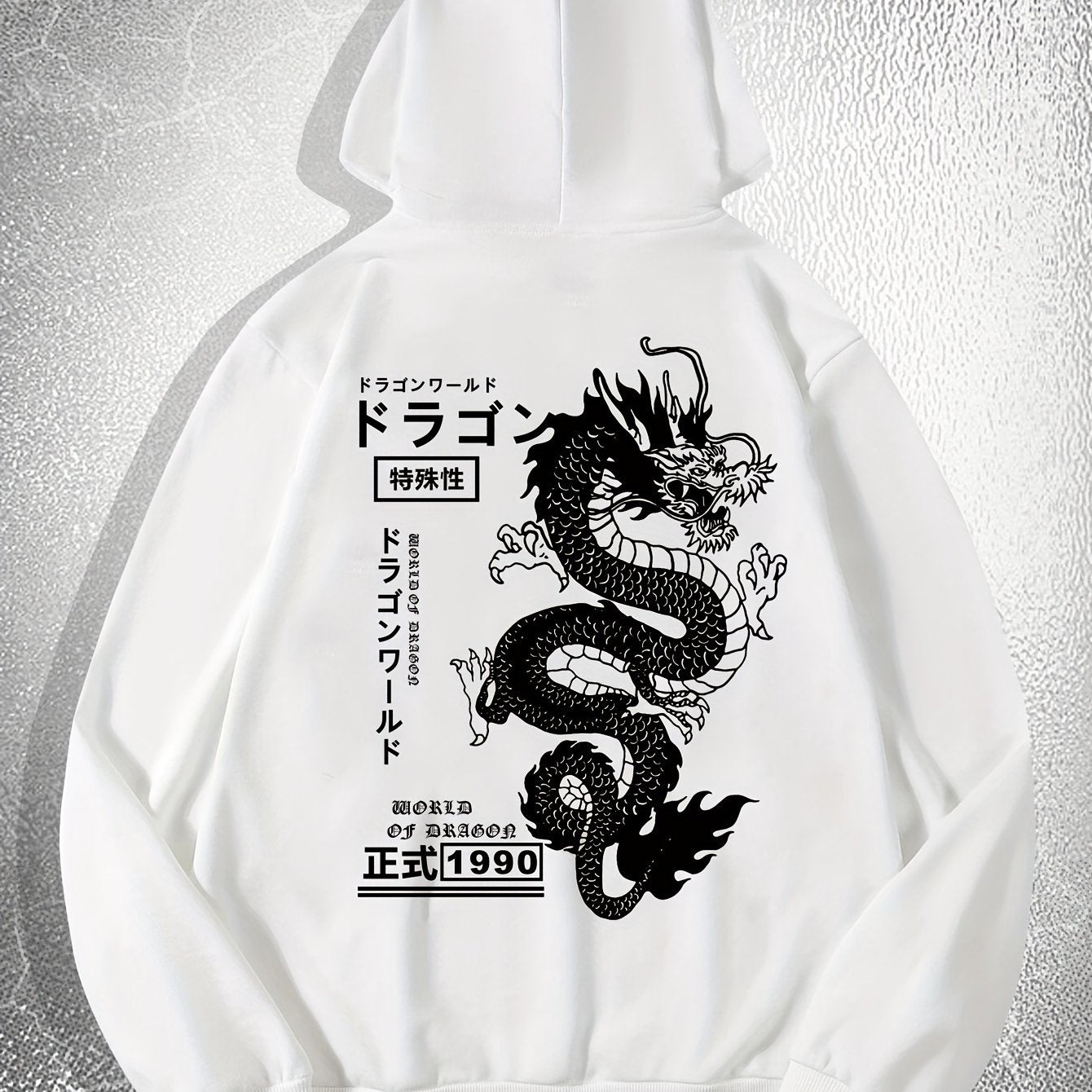 [Dragon Print Hoodie] White Polyester Dragon Print Hoodie - Casual & Trendy, Long Sleeves, Drawstring Hood - Streetwear Style