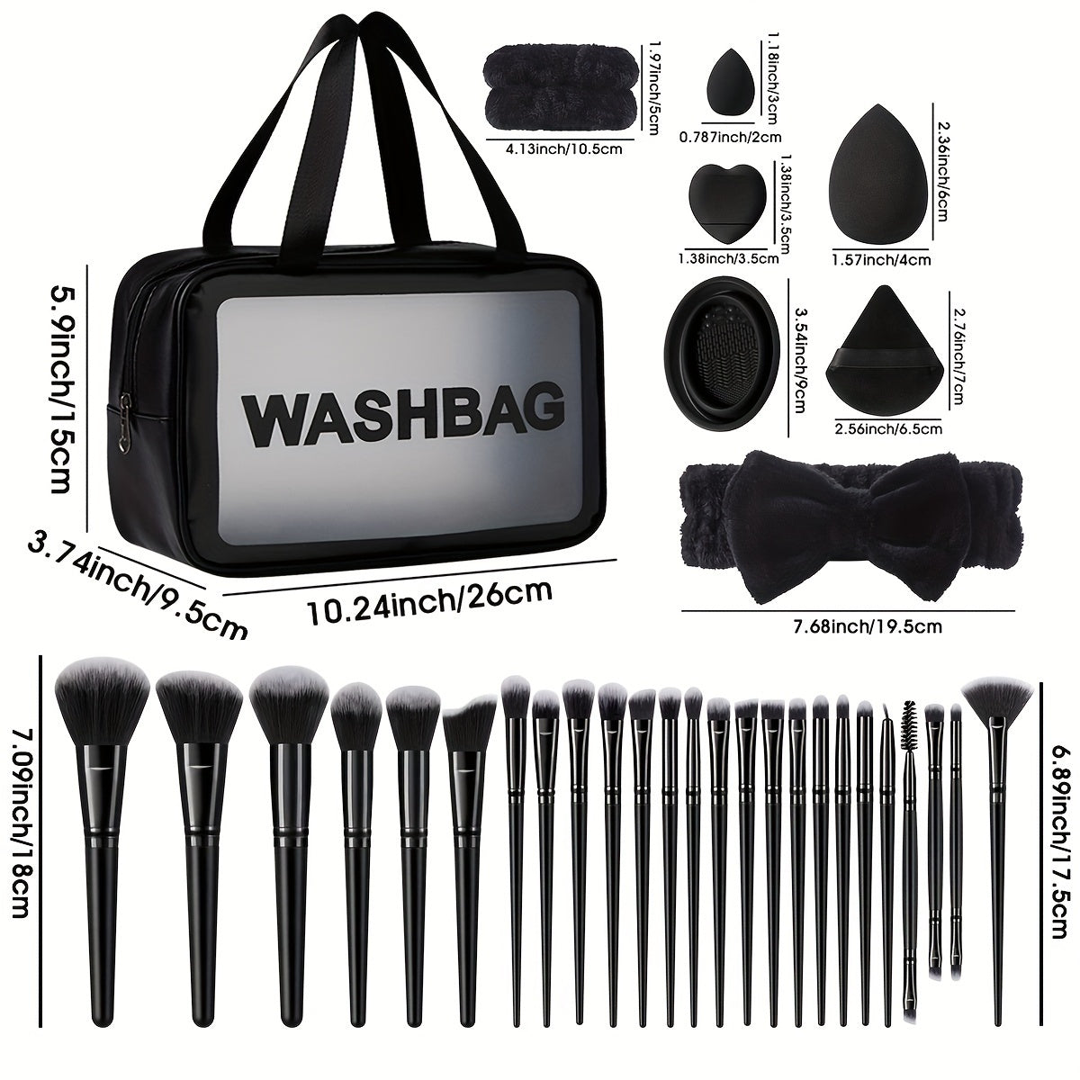 The 46pcs Makeup Tool Set Includes: 1 Waterproof Multifunctional Zipper Toiletry And Makeup Bag + 25 Makeup Brushes + 8 Beauty Sponges + 8 Makeup Puffs + 1 Headband + 2 Wristbands + 1 Makeup Brush Cleaning Tool.
