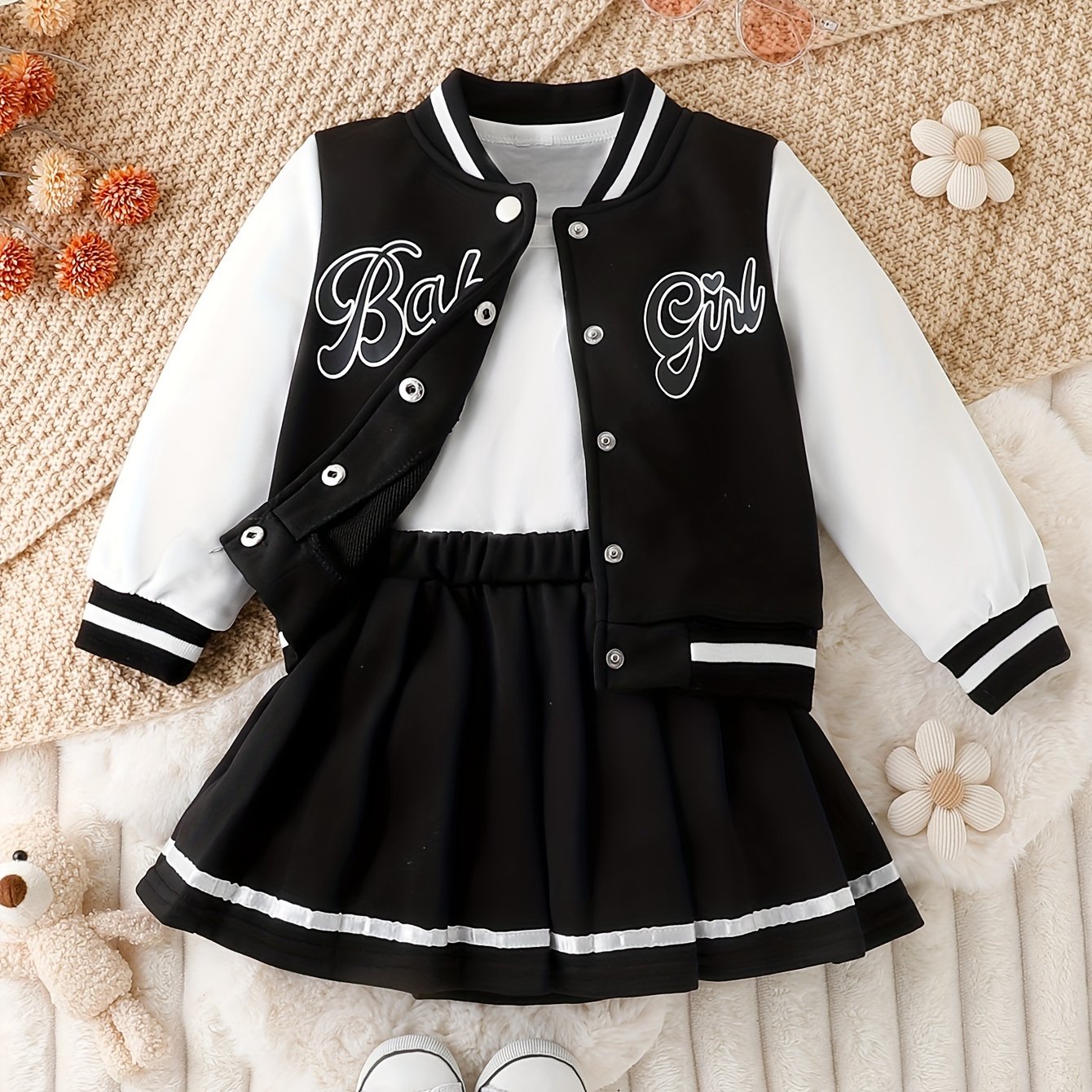 Preppy Style Girls 2pcs BABY GIRL Print Baseball Jacket + Pleated Skirt Outdoor Set For Party Sports Gift