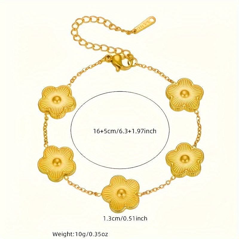 Elegant Stainless Steel Gold-Tone Cherry Blossom Flower Bracelet for Women and Men - No Mosaic, Versatile for Daily Wear and Gift Giving