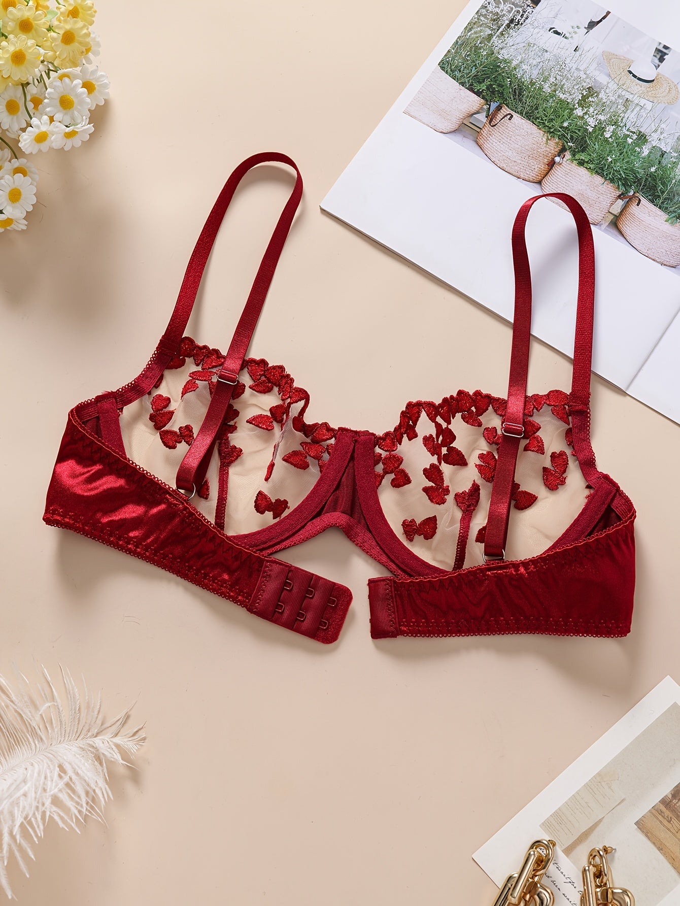 Valentine's Day Sexy Women's Semi-Transparent Embroidered Flower Underwear Set with Steel Ring