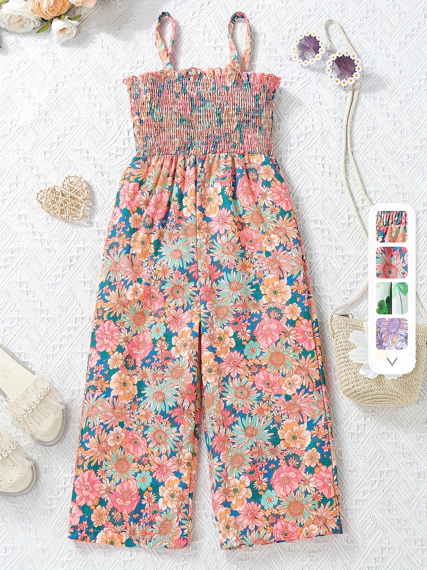 [Boho Flower Jumpsuit] Boho Flower Print Girls Shirred Cami Jumpsuit | For Going Out Party Holiday Kids Summer Clothes