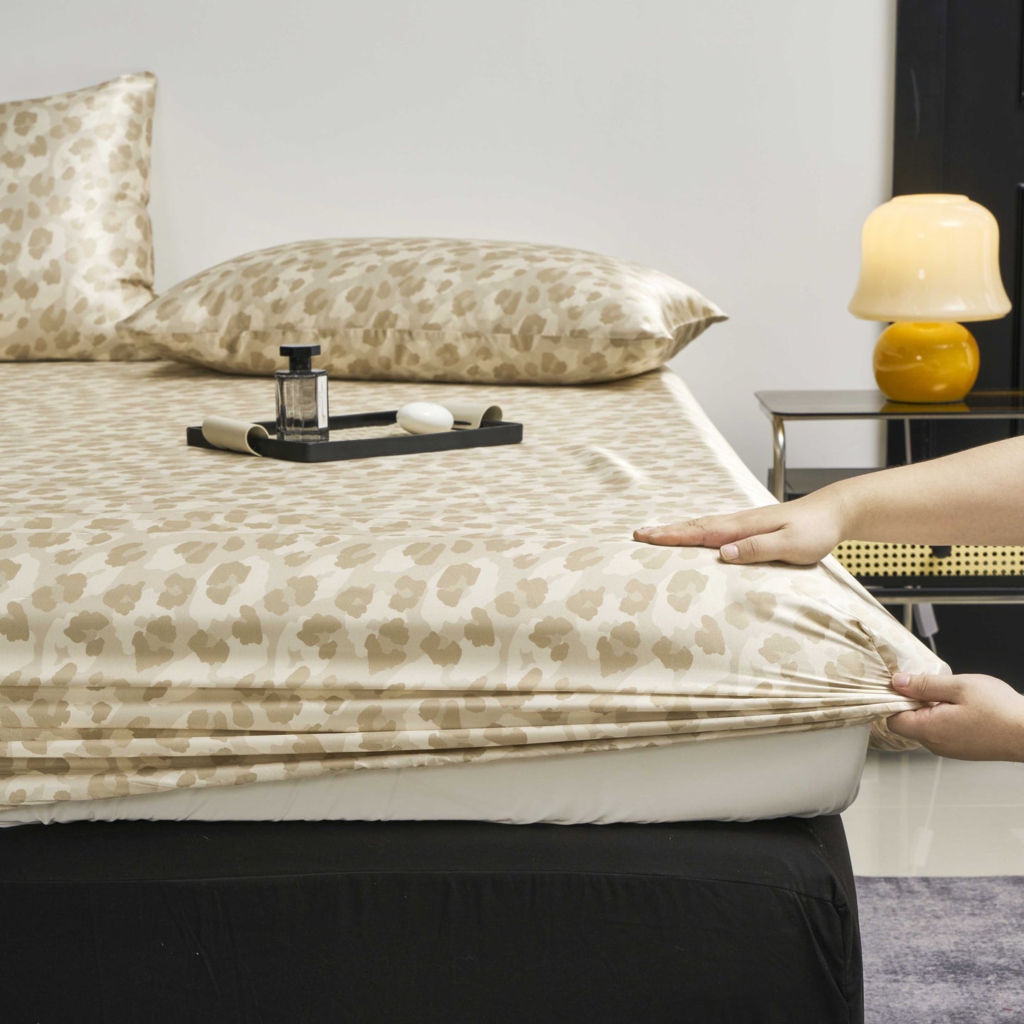 3pcs Luxurious Leopard Print Satin Sheet Set - Soft, Breathable, and Hypoallergenic for Comfortable Sleeping in Home, Dorm, and Guest Room - Includes 1 Mat and 2 Pillowcases, Easy Care and Machine Washable (Core Not Included)