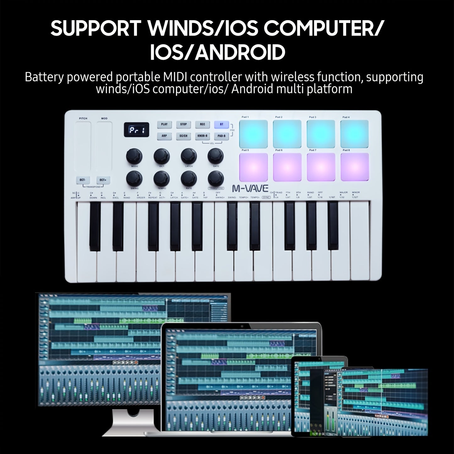 MIDI Master 25 - Portable Mini USB MIDI Controller with 25 Velocity Sensitive Keys, 8 RGB Backlit Pads, 8 Knobs, and Eid Al-Adha Mubarak Design