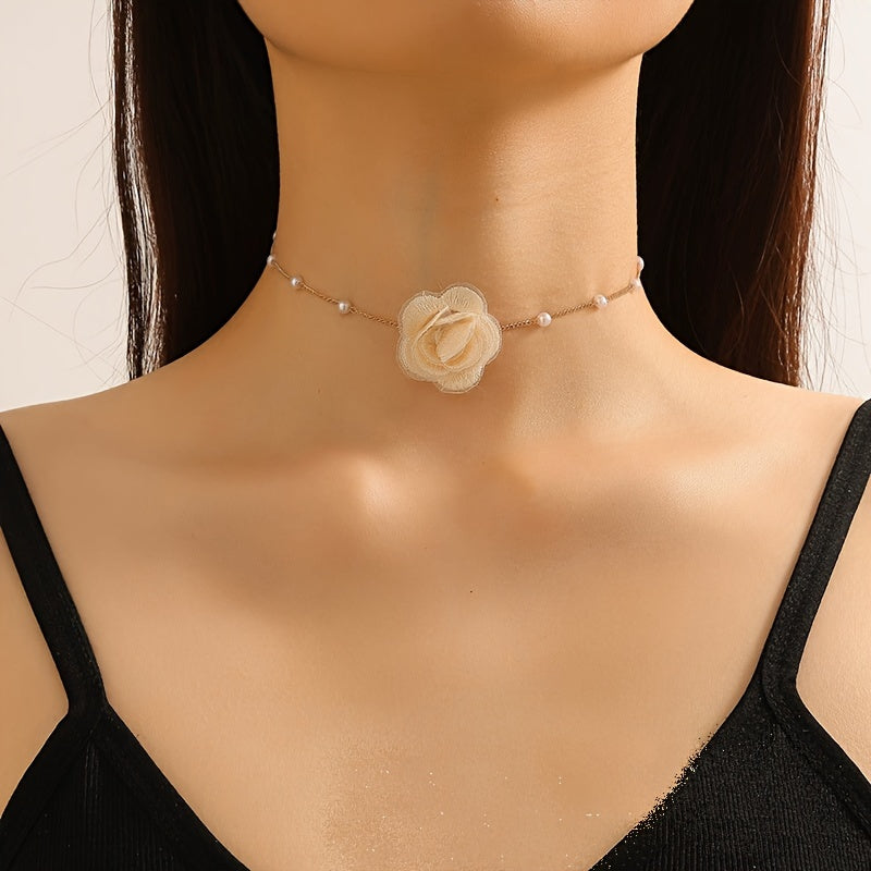 1pc Elegant Coquette Style 18K Golden Plated Faux Pearl Choker Necklace with Acrylic Fiber Flower, Versatile for Daily Wear, Parties, Weddings, and Special Occasions