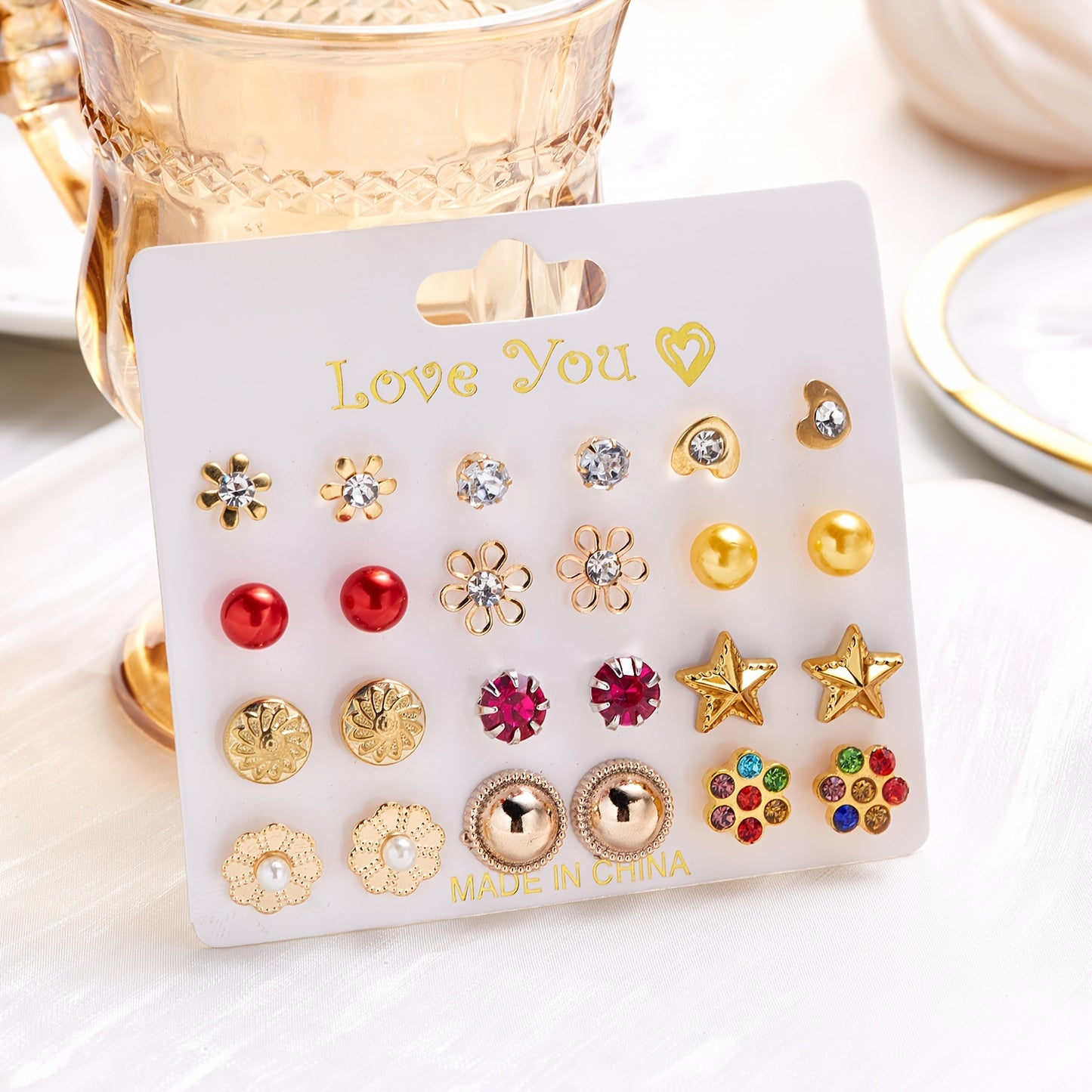12Pairs/Set Flower Faux Pearl Heart Strawberry Stud Earrings Set, Simple Golden Earrings For Girls, Daily Week Earrings Set, Ideal choice for Gifts