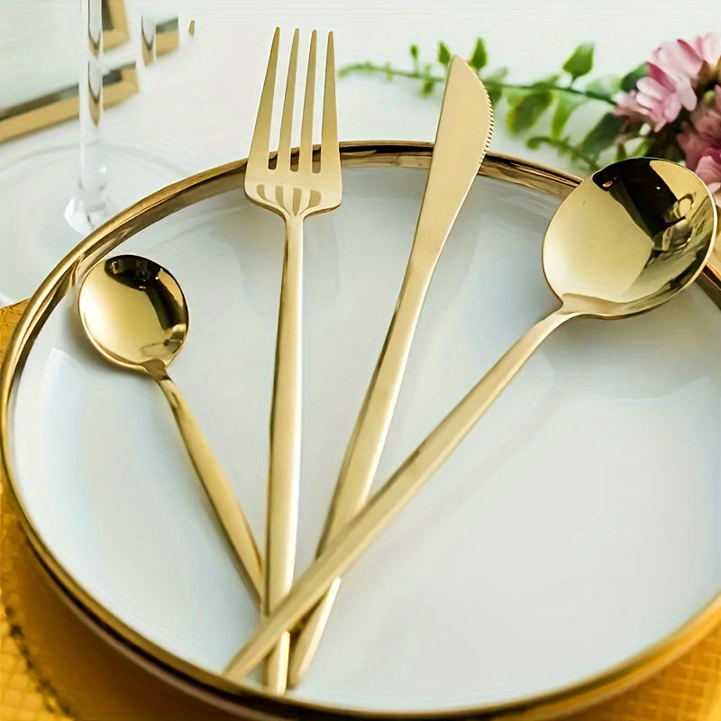 24-Piece Stainless Steel Portuguese Cutlery Set - Golden Western Steak Knife, Fork, and Spoon for Family Restaurant, Dishwasher Safe, Eid Al-Adha Gift - Durable Tabletop Serveware for Food Service Equipment & Supplies
