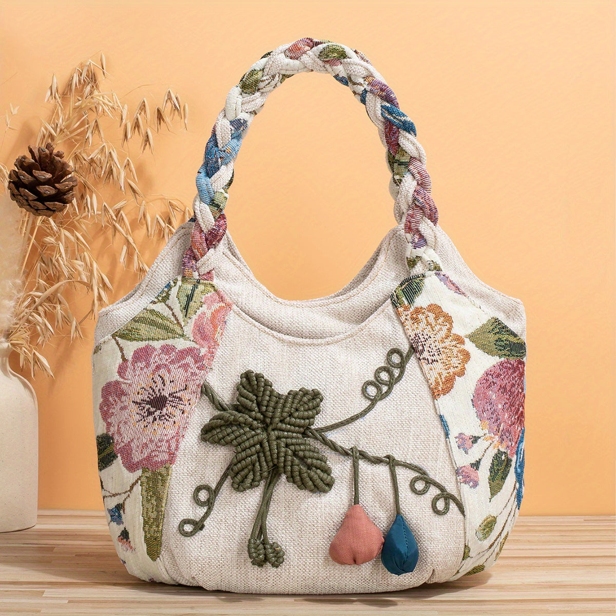 Foldable Zipper Closure Bohemian Style Handmade Flower Tote Bag - Fixed Shoulder Strap, with Wristlet, for Vacation