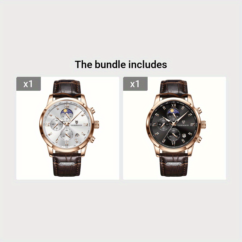 LIGE Men'S Quartz Watch | Vintage Style | Multi-Functional Chronograph | 30m | Calendar & Moon Phase | High-Quality Strap | Zinc Alloy Case, Electronic Drive | Non-rechargeable Button Battery | Luxury Business Watch, Business