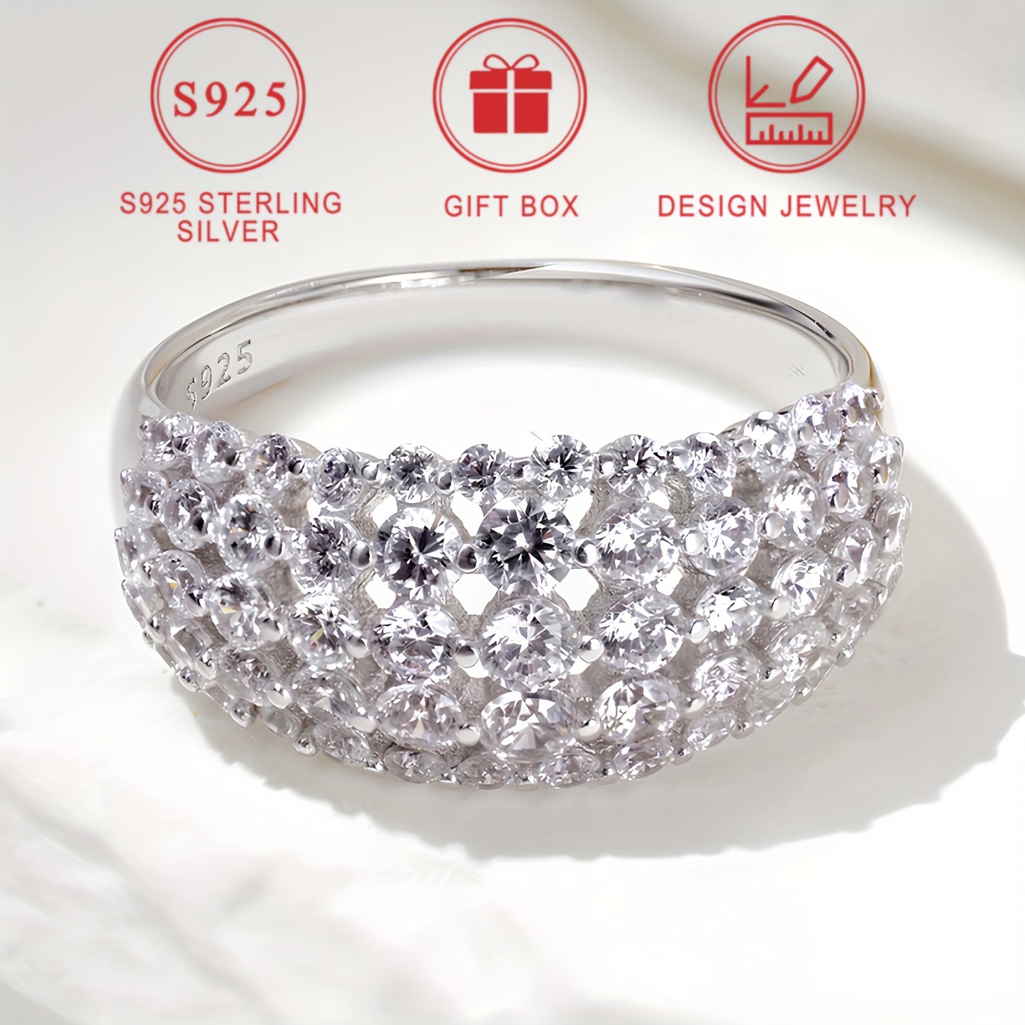 S925 Sterling Silvery Wide Version Ladies Ring Curved Diamond-studded Synthetic Zirconia Ring Ladies Stylish Design High Quality Ring Bead Jewelry Lovers Day Mothers Day Ramadan Eid al-Fitr Holiday Gift gift box