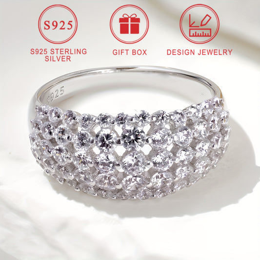 S925 Sterling Silvery Wide Version Ladies Ring Curved Diamond-studded Synthetic Zirconia Ring Ladies Stylish Design High Quality Ring Bead Jewelry Lovers Day Mothers Day Ramadan Eid al-Fitr Holiday Gift gift box