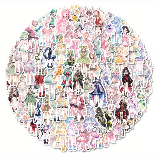 100pcs Reusable Vinyl Anime Character Stickers, Herringbone Pattern, Self-Adhesive Decals for Phone Case, Notebook, Laptop, Water Bottles, Guitar, Plastic Surfaces, with for Ages 14+