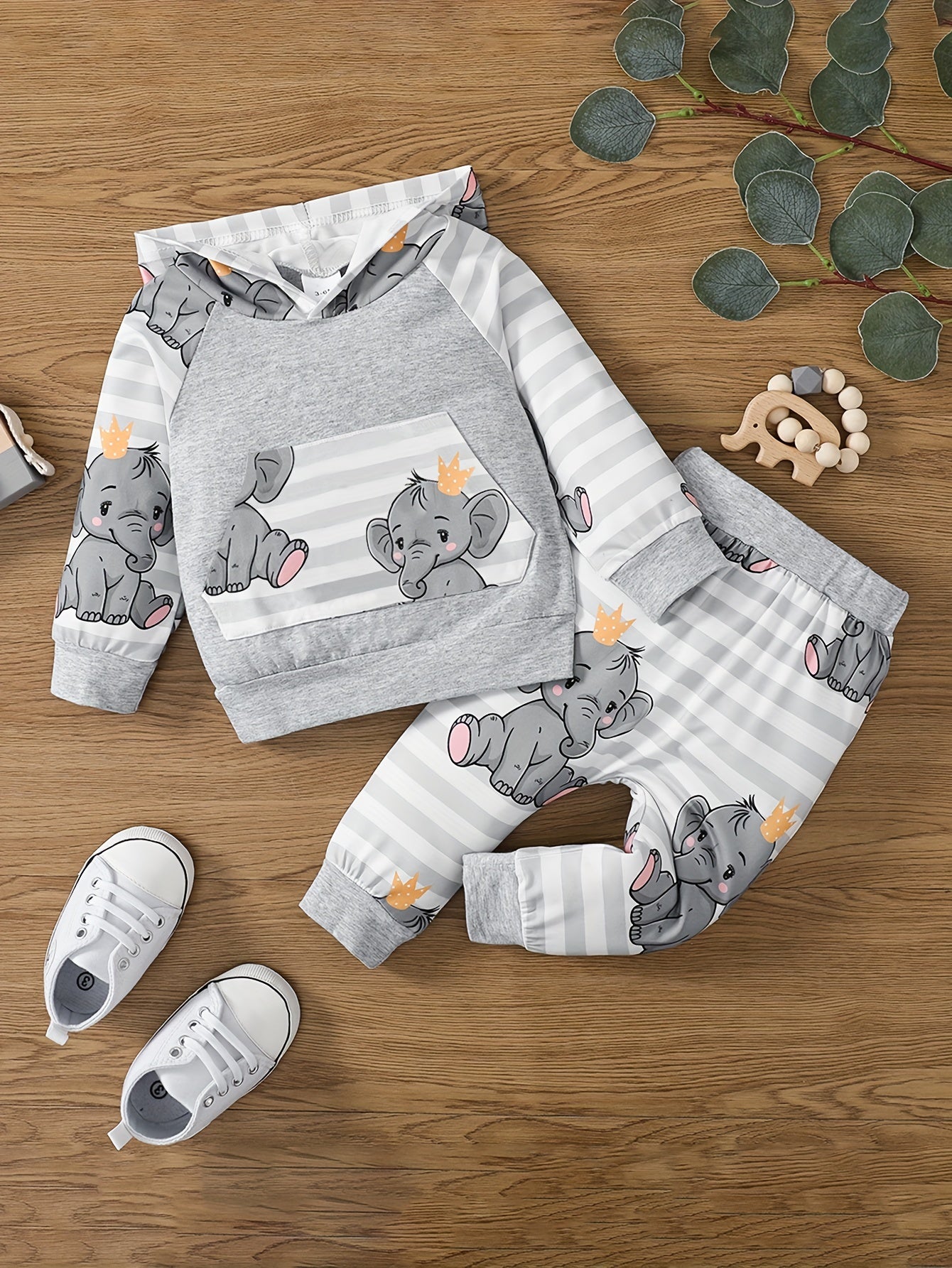 Baby Boy's Cute Elephant Cartoon Print Comfortable Long-sleeved Hooded Top + Pants Set Outdoor Clothes Outdoor Suit
