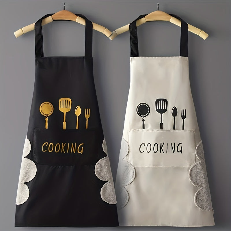 1pc Polyester Kitchenware Printed Apron With Pockets, Adjustable Oil & Stain Resistant Halter Apron For Chef Gardening Cooking Baking Florist Shop Painting Pinafore Barista, Bib Overalls