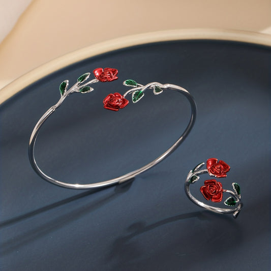 Elegant Rose Flower Design Bangle Ring Set Women's Floral Design Jewelry Gift Accessories