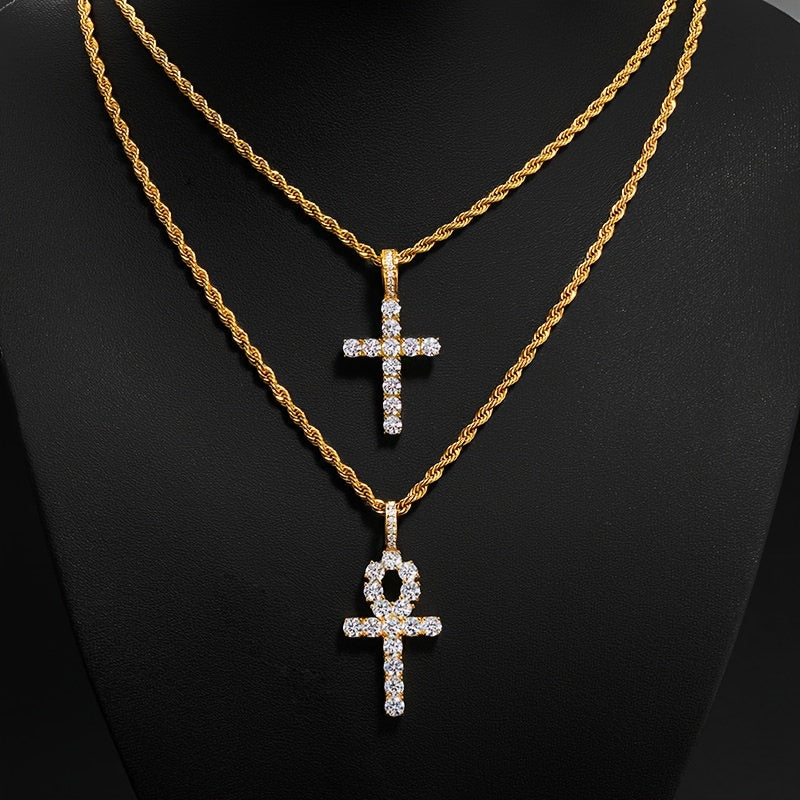 Hip Hop Cross Copper With 4mm Zirconia 14K Golden Plated Pendant Necklace