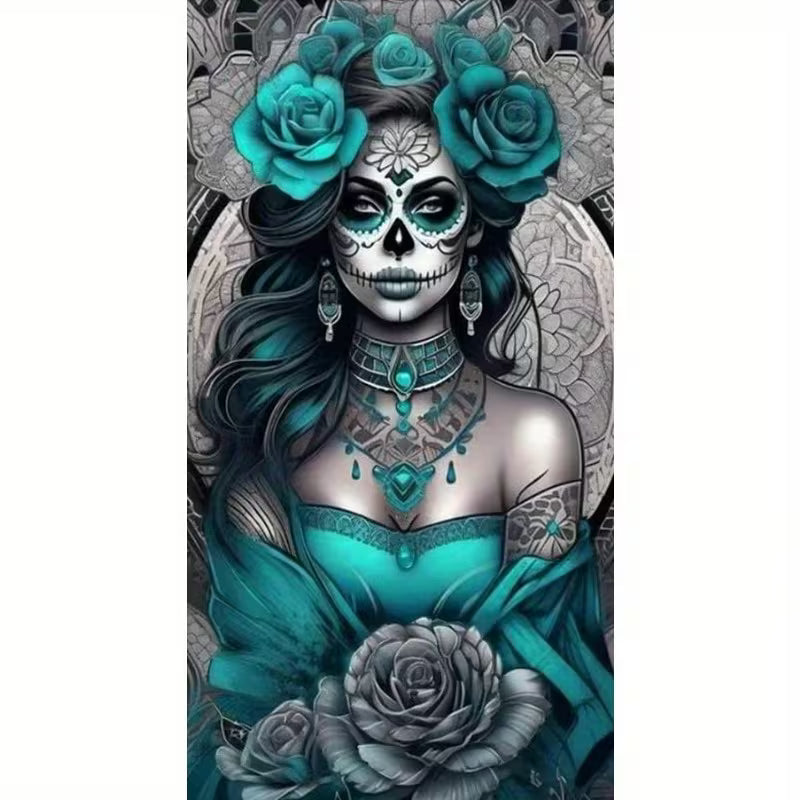 Full Diamond Mosaic Painting Featuring a Blue Tattooed Woman And a Mexican Day of The Dead Skull 40 x 80cm