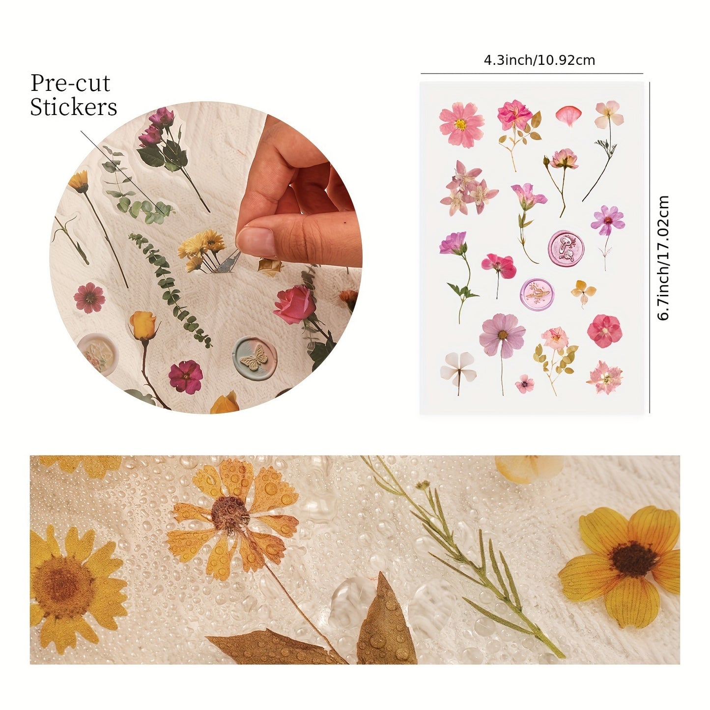 750pcs (40 Sheets) PET Resin Flower Stickers Kit - Watercolor Rub-On Resin Botanical Decals, Irregular Shapes with Roses, Daisies, Lavender, Tulips, Lilies for Scrapbooking, Junk Journals, Planners, Plasticky-like Layering