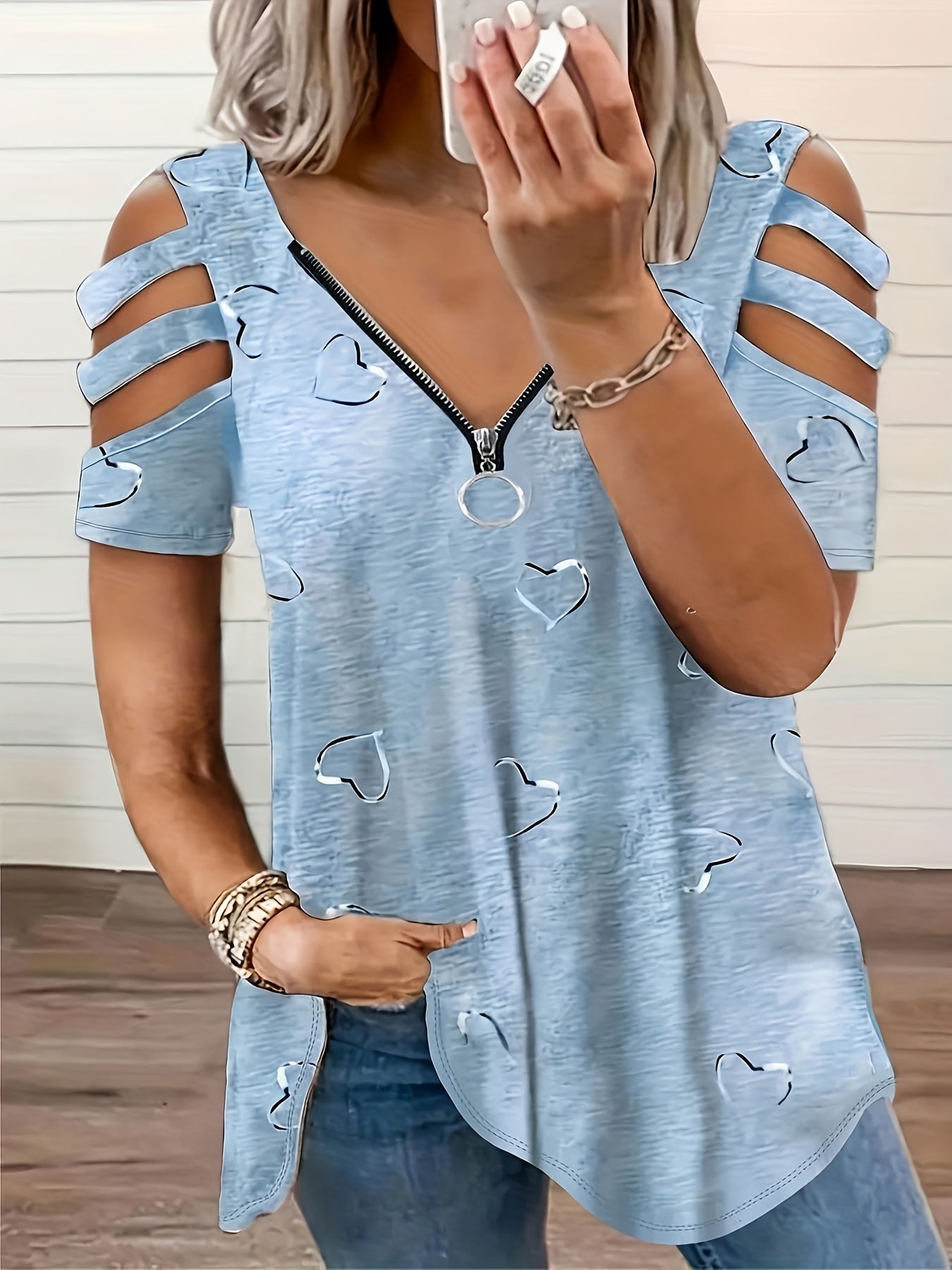 Heart Print Cut Out T-Shirt, Zipper V Neck Short Sleeve T-Shirt, Casual Every Day Tops, Women's Clothing