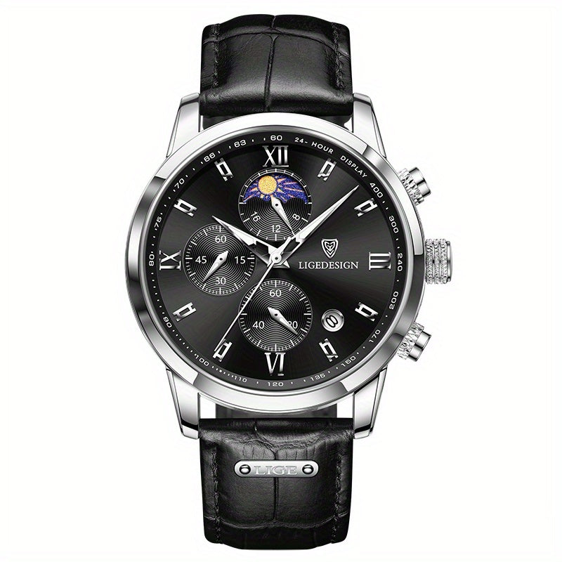 LIGE Men'S Quartz Watch | Vintage Style | Multi-Functional Chronograph | 30m | Calendar & Moon Phase | High-Quality Strap | Zinc Alloy Case, Electronic Drive | Non-rechargeable Button Battery | Luxury Business Watch, Business