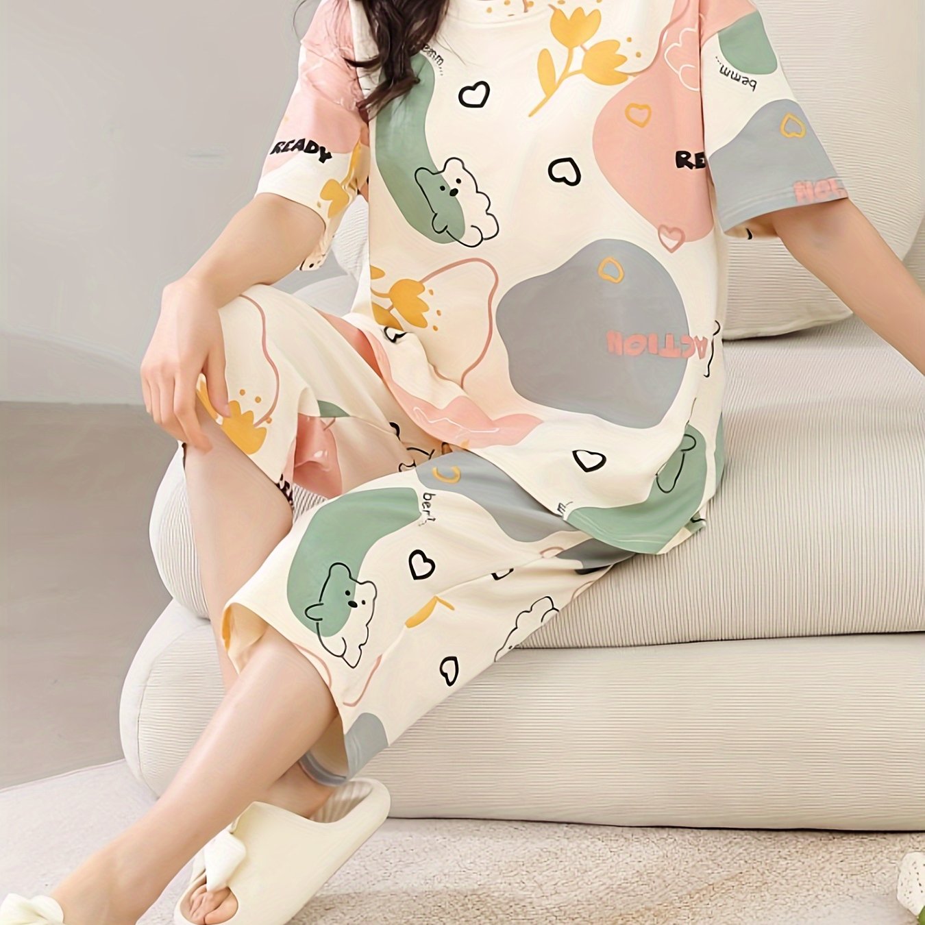 Cozy Cartoon Print Pajama Set - Soft Round Neck, Short Sleeve, Padded Top, Capri Pants, Breathable, Comfortable, Summer Sleepwear for Women - Cartoon Character Design, Relaxing Loungewear for Home