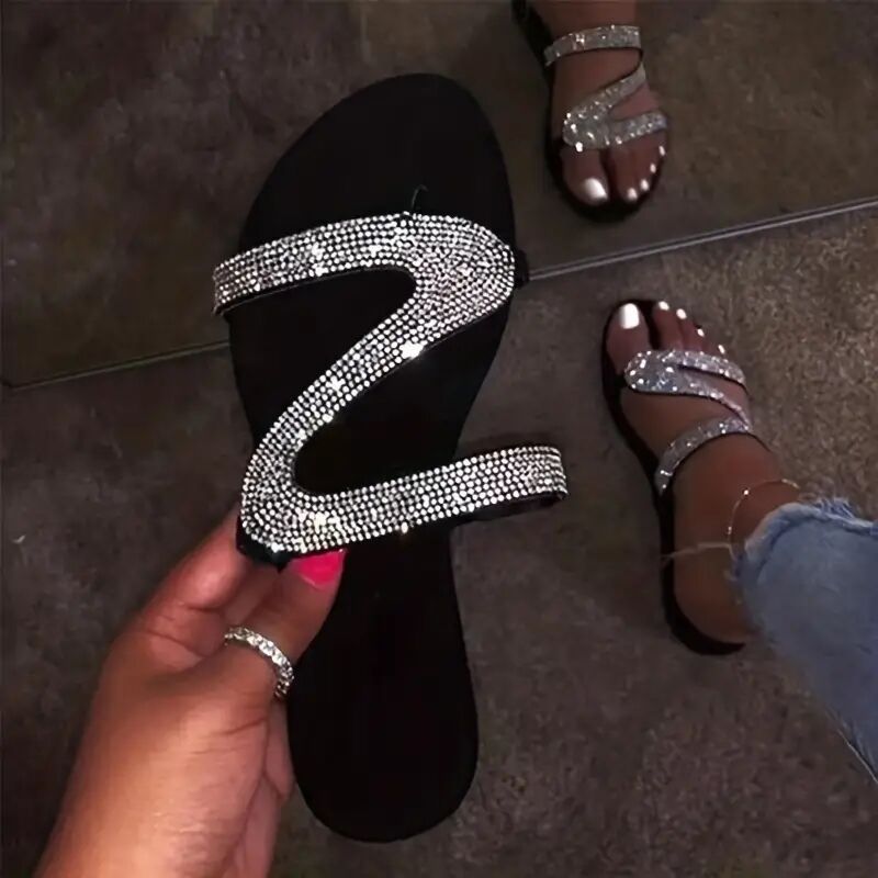 Shimmering Rhinestone Slide Sandals - Adjustable Loop Toe Flat Shoes - Stylish Beach Wear for Women