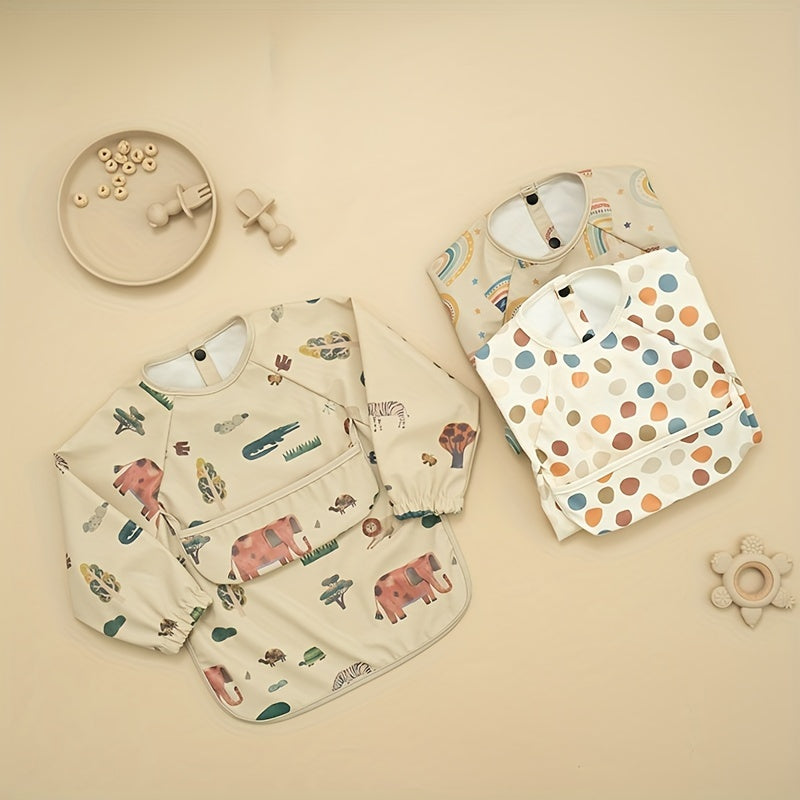 Unisex Baby Long Sleeve Bib with Crumb Catcher, Polyester Fiber, Snap Closure, Kids Eating Apron with Pocket, White/Beige/Mixed Colors