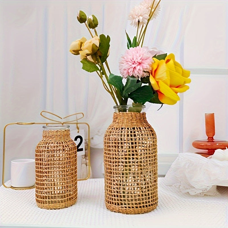 1pc Boho Glass Flower Vase With Rattan Cover, Farmhouse Flower Bud Vase, Round Decorative Flower Vase Floral Container Flower Bottle For Floral Arrangements Housewarming Party Home Decor