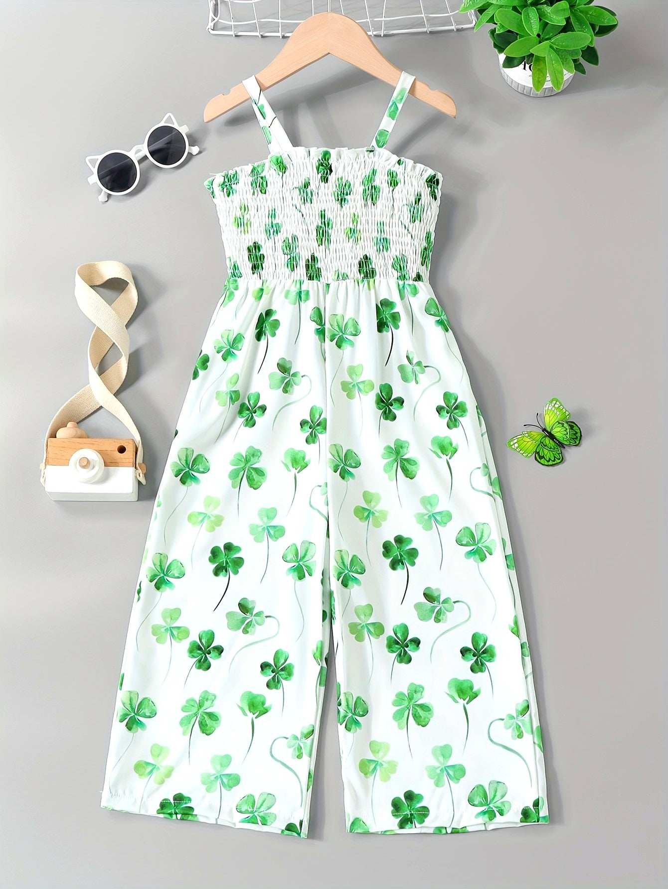[Boho Flower Jumpsuit] Boho Flower Print Girls Shirred Cami Jumpsuit | For Going Out Party Holiday Kids Summer Clothes