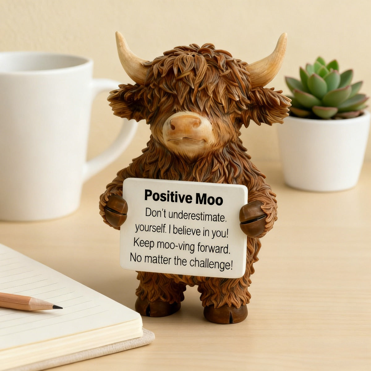 1pc Positive Highland Cow Resin Statue | Home Decor for Living Room, Bedroom, Office, Bookshelf, Tabletop Decor, Motivational Gift for Women, Moms, Friends, Students, Art Deco Style, Resin Material