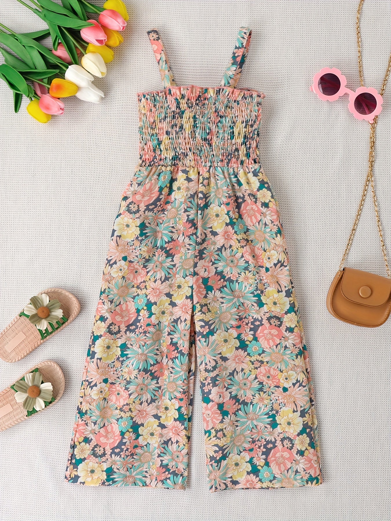 [Boho Flower Jumpsuit] Boho Flower Print Girls Shirred Cami Jumpsuit | For Going Out Party Holiday Kids Summer Clothes