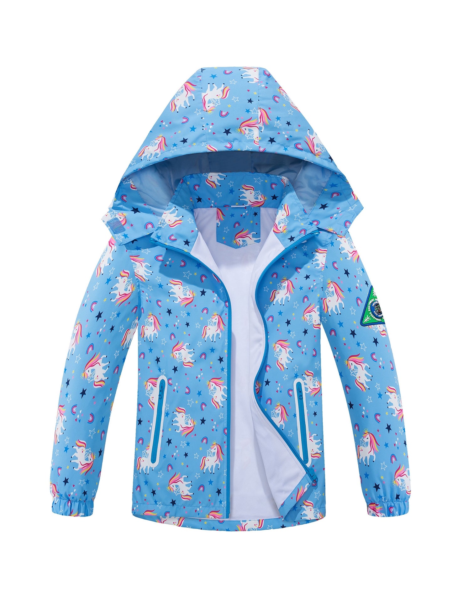 Girls' Unicorn Jacket - Lightweight Windproof Hooded Outerwear with Removable Hood, Pastel Rainbow & Clouds Design, Zip-Up Front, Long Sleeves, and Pockets for Spring/Fall Casual Wear, Unicorn Clothes, Playful Kids Fashion, D