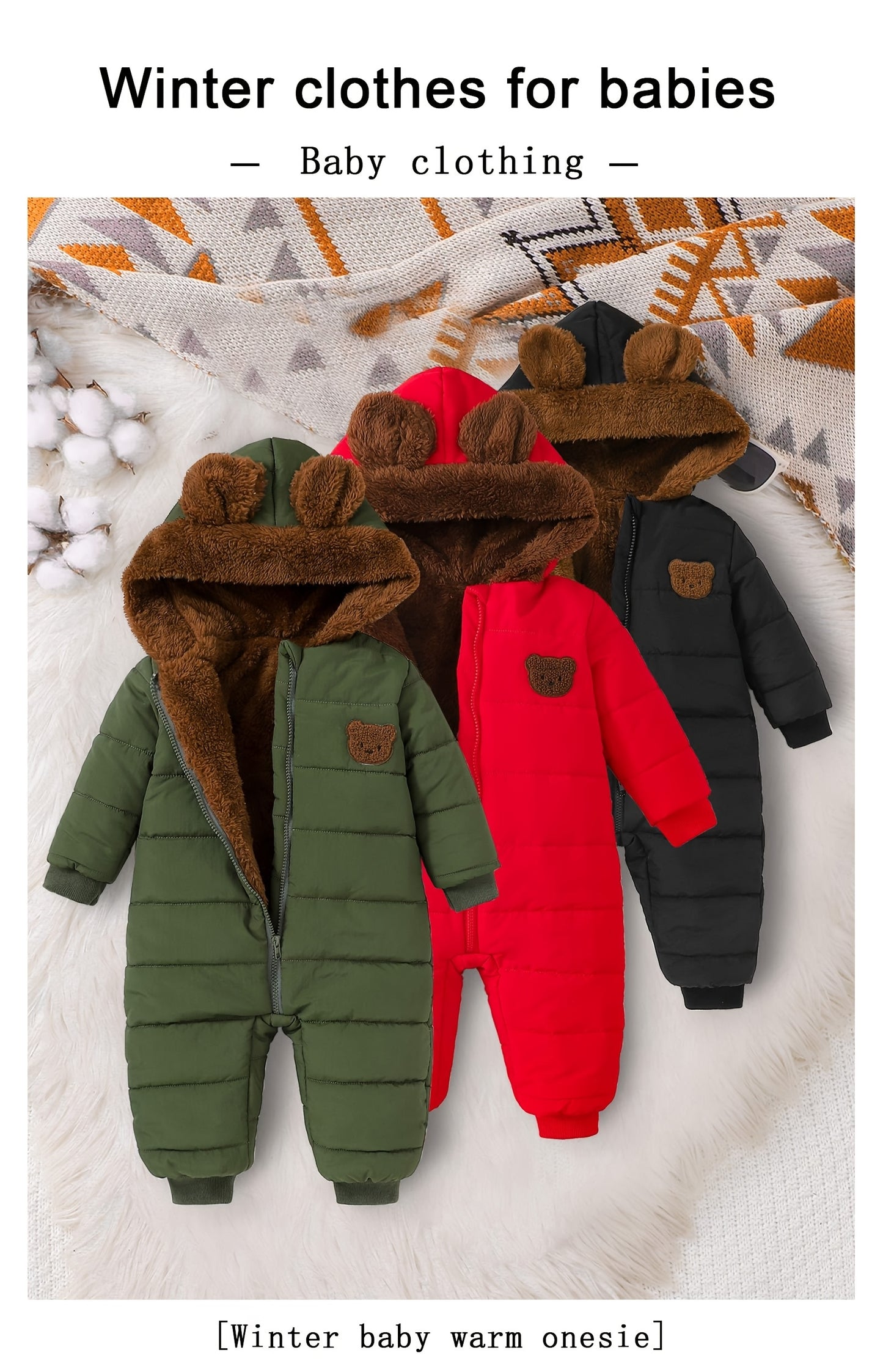Baby Boy Winter Jumpsuit, Soft Plush Onesie with Hood, Warm Outfit Easy Diaper Change Loose Fit, Newborn Clothing for Infant & Toddler, Perfect for Cold Weather Outdoor & Photoshoots