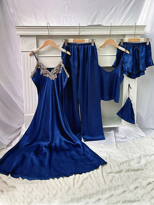 5pcs Elegant Pajama Set for Women, V-Neck Solid Color Sleepwear with Lace Detail, Includes Camisole, Shorts, Pants, and Storage Bag, All-Season Polyester 100% Comfort, 90gsm Woven Fabric