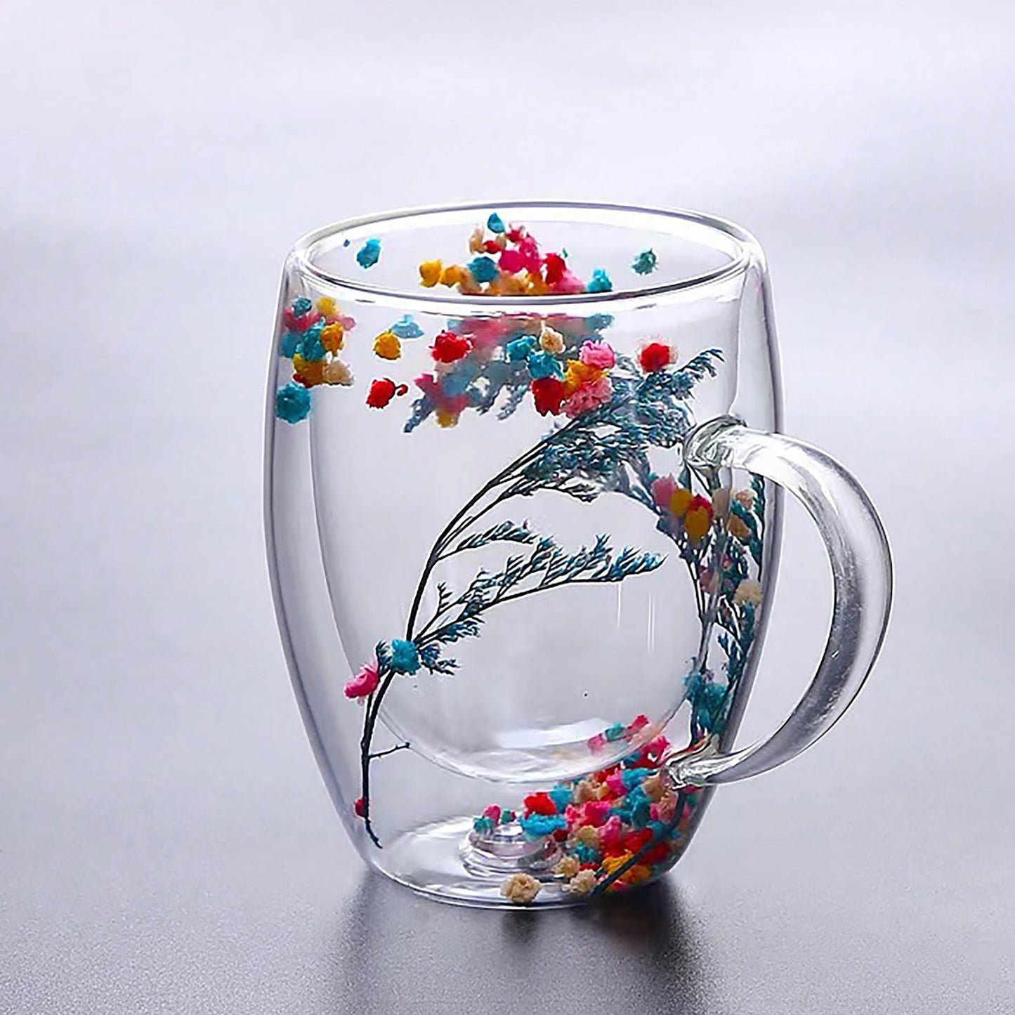 1pc Elegant Double-Walled Glass Coffee Mug with Dried Flower Detail - Thermal Insulated Drinkware for All Seasons - Ideal Birthday Present