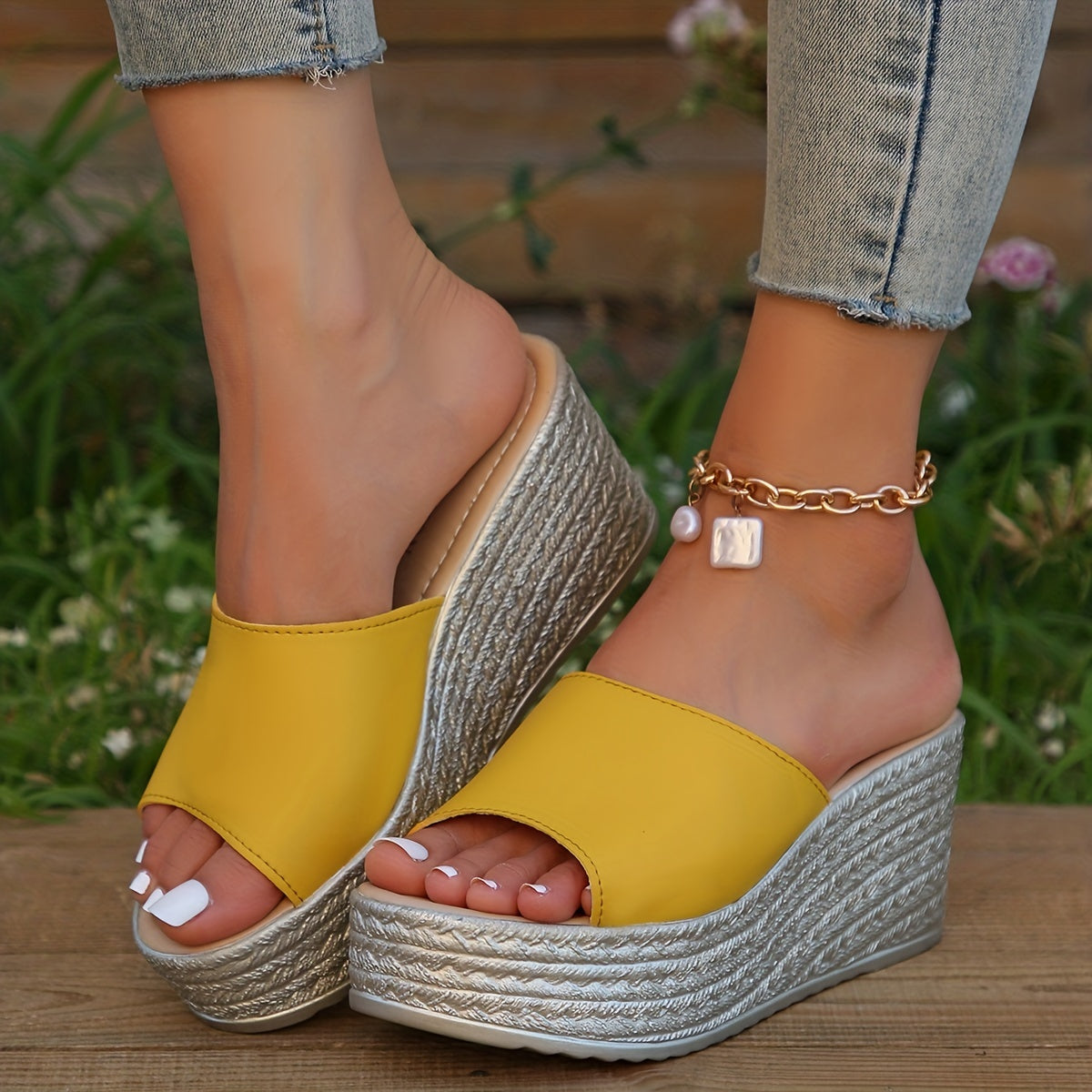Women's Platform Wedge Slippers, Open Toe Solid Color Non-slip Slides Shoes, Casual Outdoor Slides