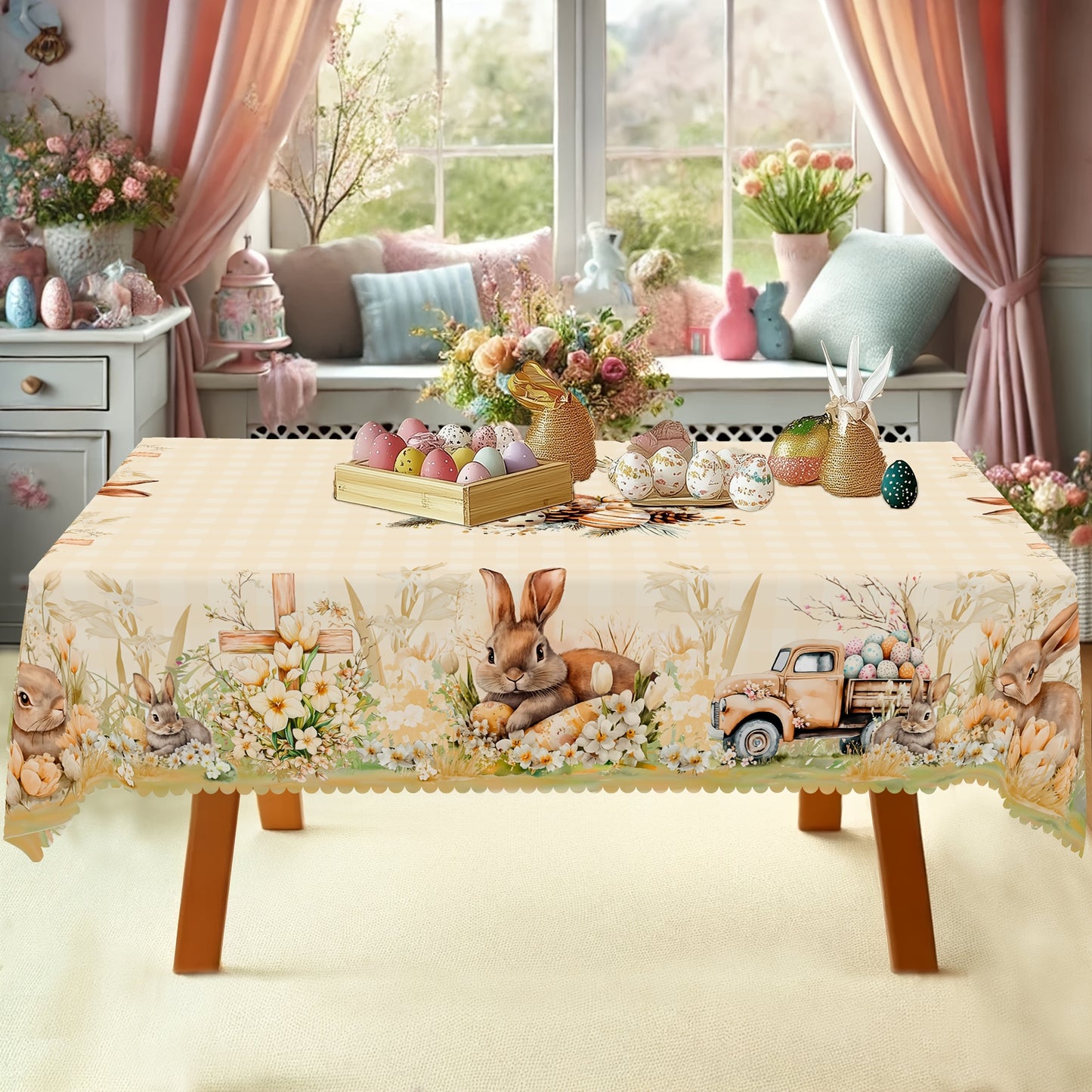 Durable Polyester Easter And Spring Themed Tablecloths, Tablecloths - Featuring Rabbit, Easter Egg, Flower, Cross, And Truck Patterns, Available in 5 Sizes - Round And Rectangular Tablecloths with Embossed Edges, Perfect for