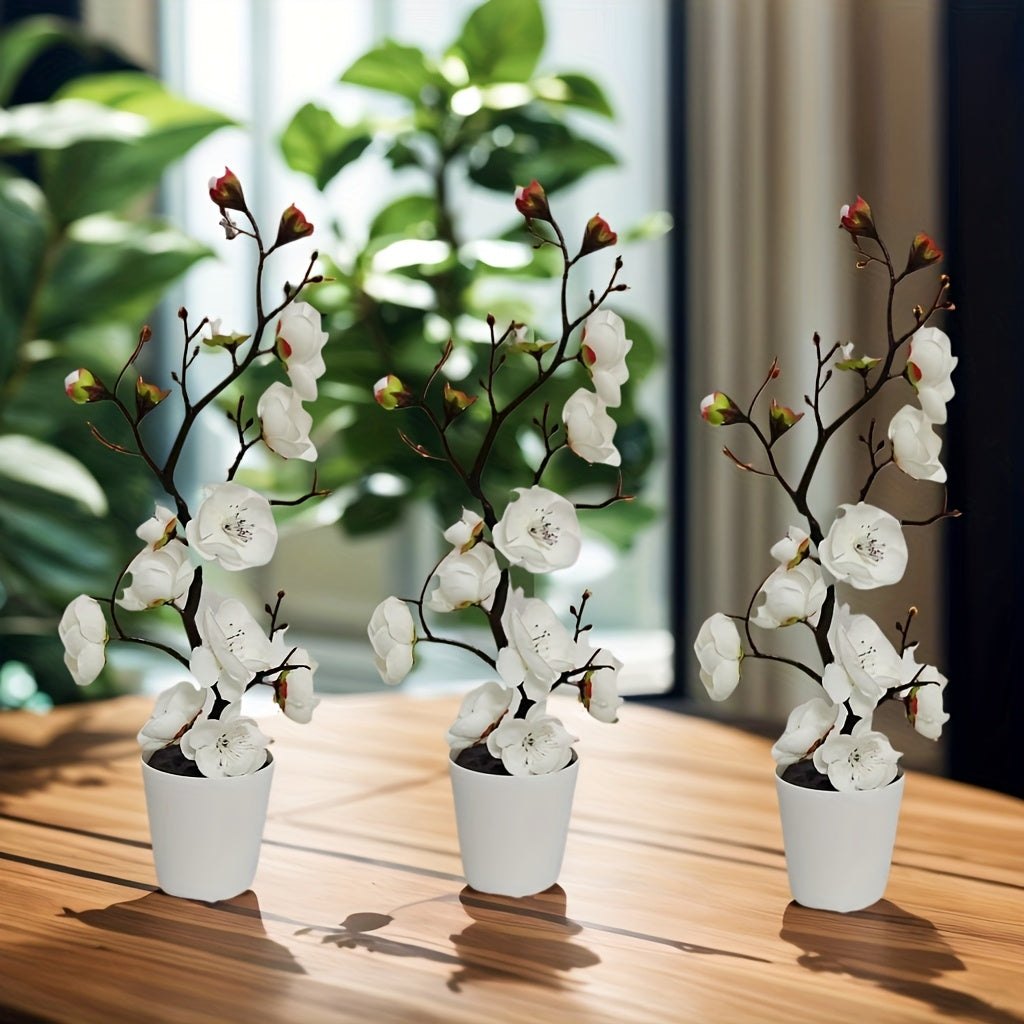3pcs Elegant Artificial Plum Blossom Set with Vase - Faux Greenery, Simulated Potted Plant, Home Decor and Tabletop Filler, Perfect for Weddings, Festivals, Valentine's Day, Office, DIY Decorations, All-Season Artificial