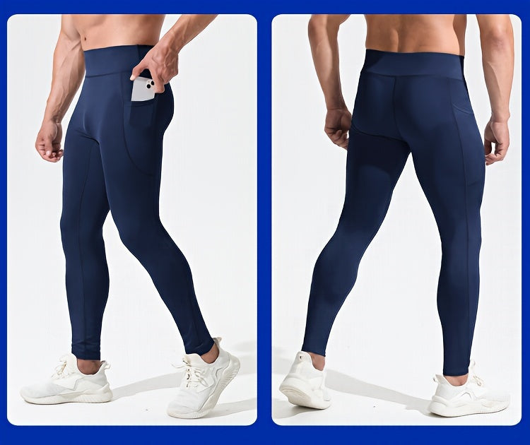 Men'S High Waist Compression Sports Leggings, Quick Dry, High Elastic, Polyester 90% Spandex 10%, Solid Color, Pocket Detail, Knit Fabric, Skinny Fit, Four Seasons, for Running, Yoga, Training, Basketball, Outdoor Activities