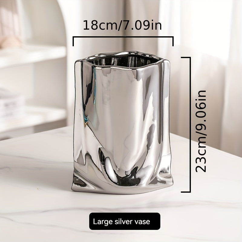 1pc Vase, High-End Light Luxury Decoration, Creative Electroplated and Silvery Ceramic Vase, Artificial Flower Decor