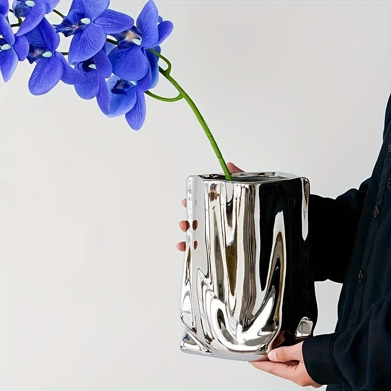 1pc Vase, High-End Light Luxury Decoration, Creative Electroplated and Silvery Ceramic Vase, Artificial Flower Decor