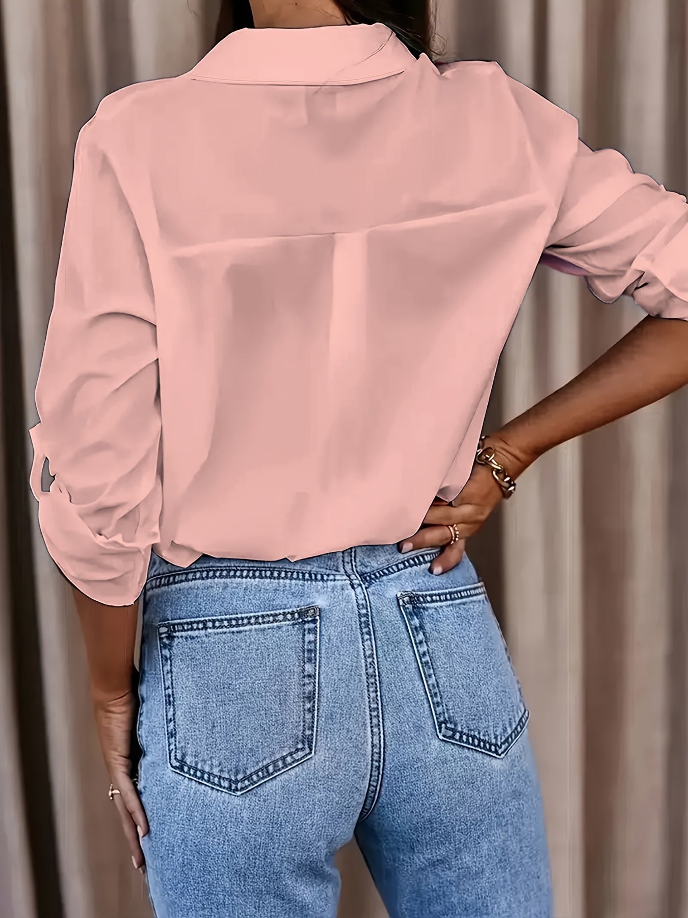 Solid Button Front Shirt, Casual Turn Down Collar Office Work Shirt, Women's Clothing